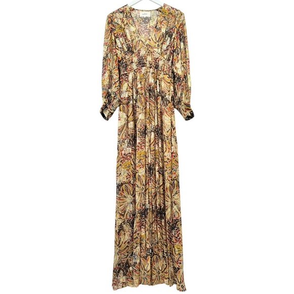Ba&sh Quartz Dress - Metallic Gold Brown Floral V-Neck Long Sleeve Maxi Dress - Picture 5 of 14